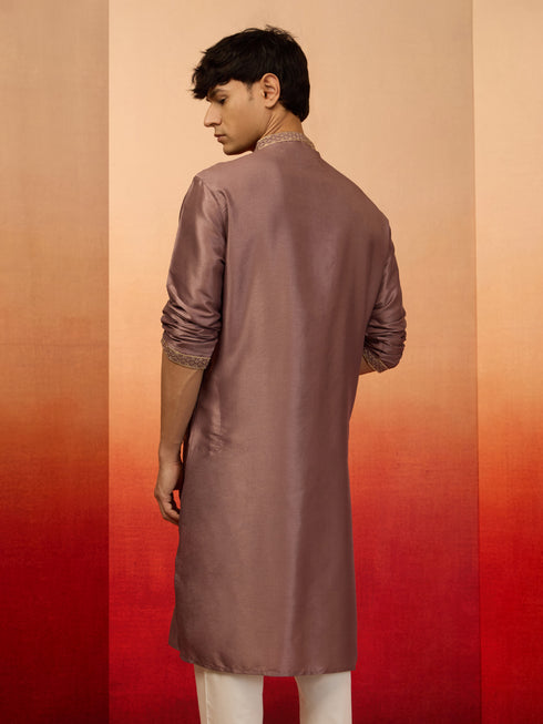 Men's Lavender Resham Embroidered Silk Kurta